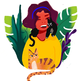 Illustration of Anisha with plants and a cat